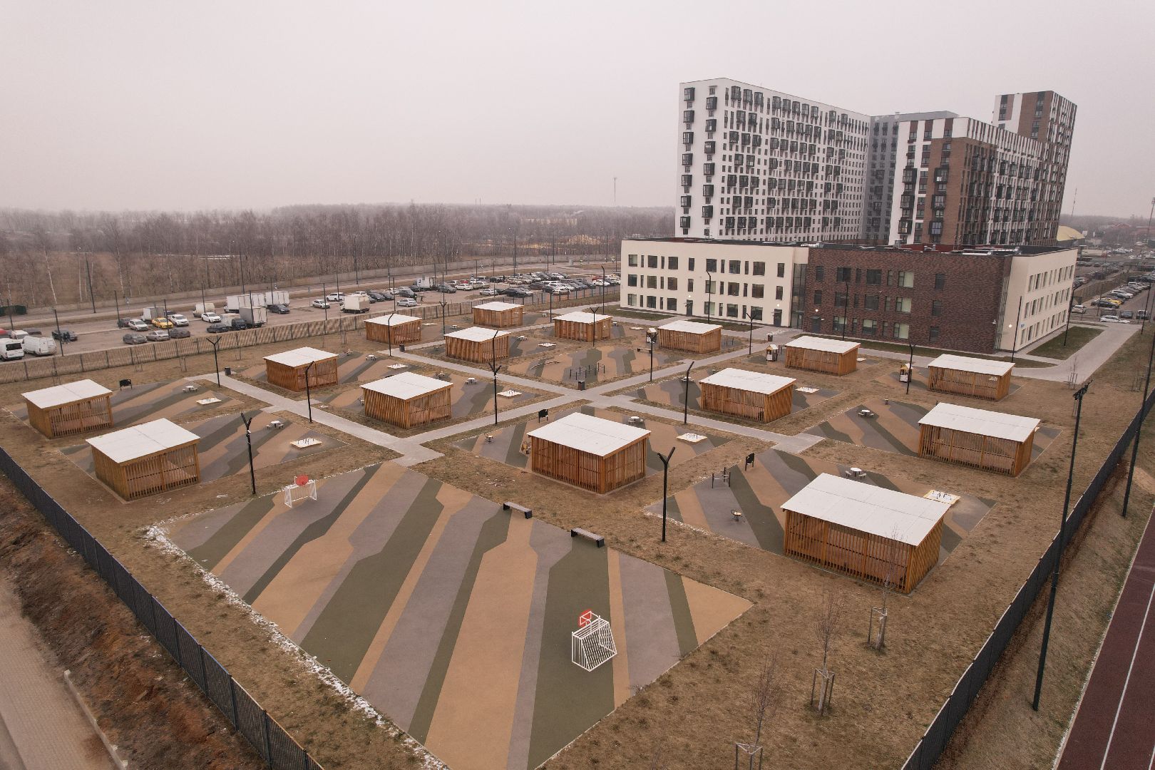 видео с коптера, жк пригород лесное, детский сад, строительство,