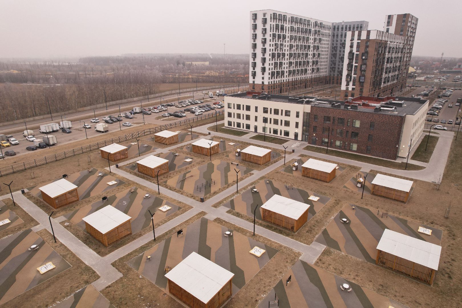 видео с коптера, жк пригород лесное, детский сад, строительство,