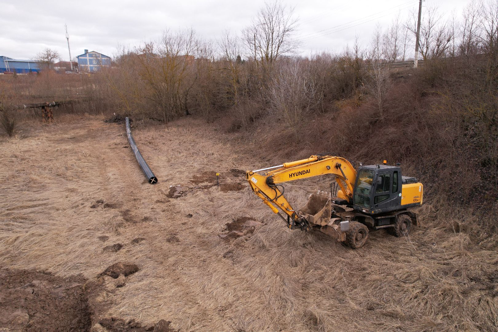 ремонт напорной канализационной сети, видео с коптера, кашира ремонт трубопровода,