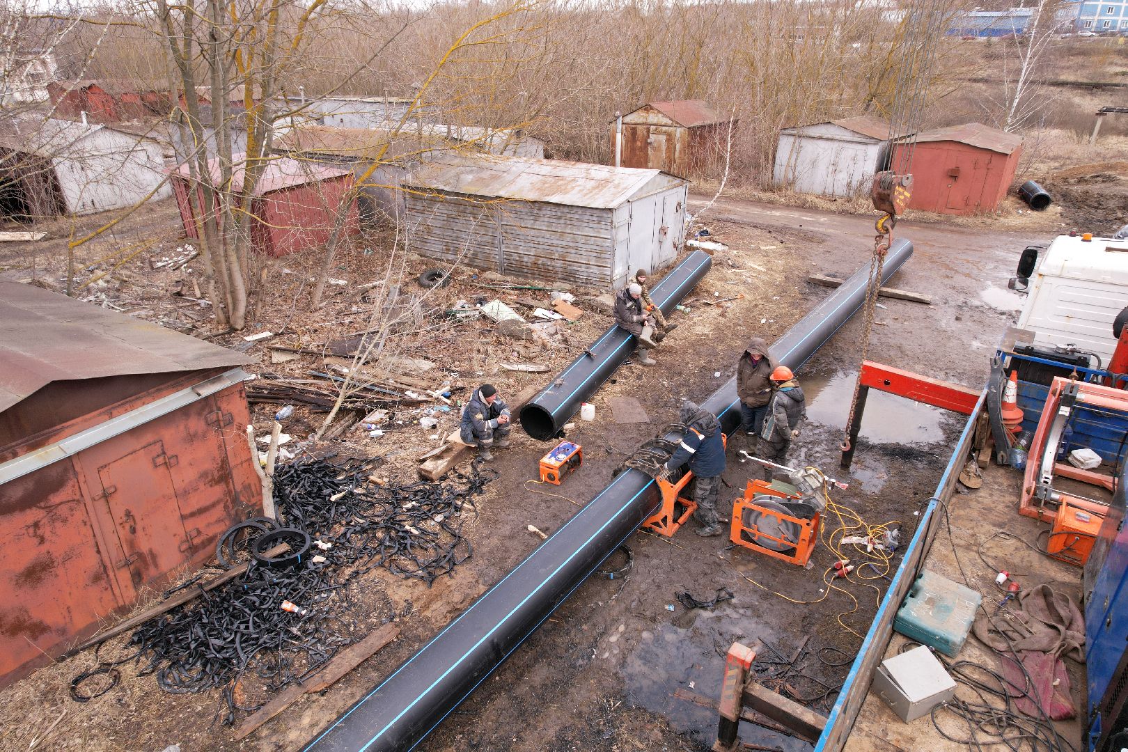 ремонт напорной канализационной сети, видео с коптера, кашира ремонт трубопровода,