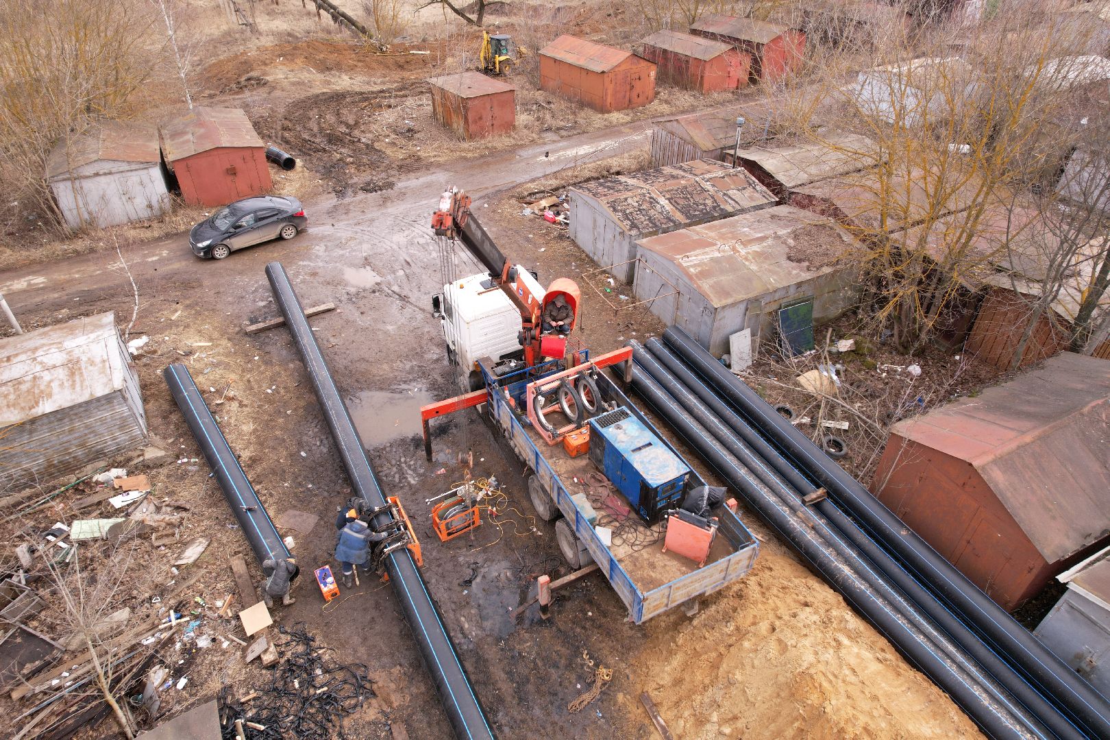 ремонт напорной канализационной сети, видео с коптера, кашира ремонт трубопровода,