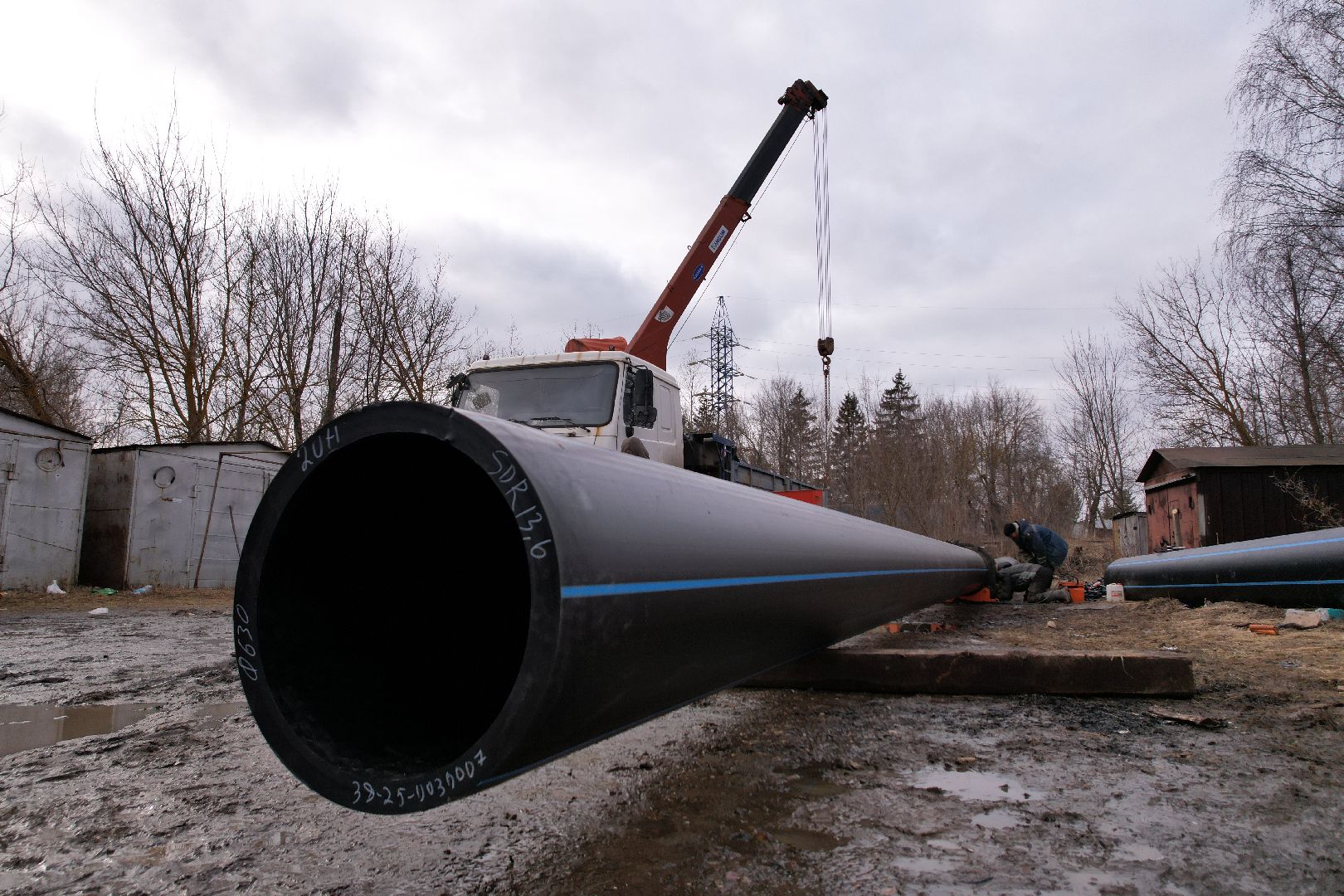 ремонт напорной канализационной сети, видео с коптера, кашира ремонт трубопровода,