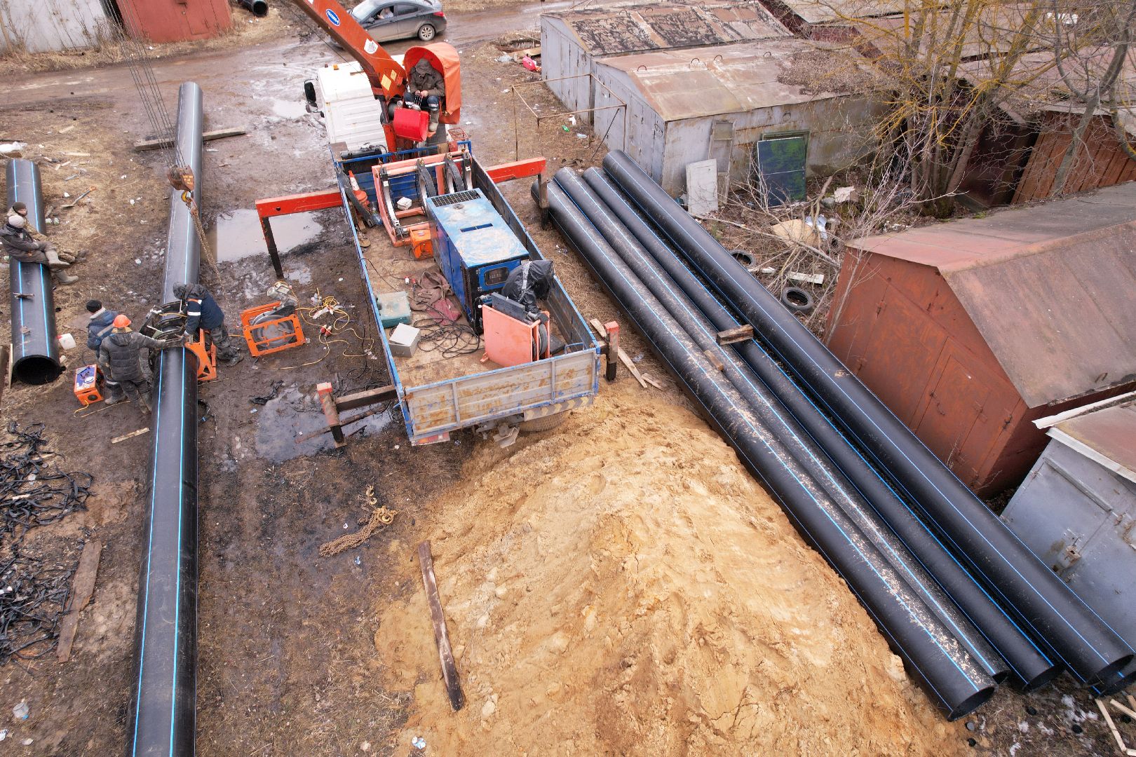 ремонт напорной канализационной сети, видео с коптера, кашира ремонт трубопровода,