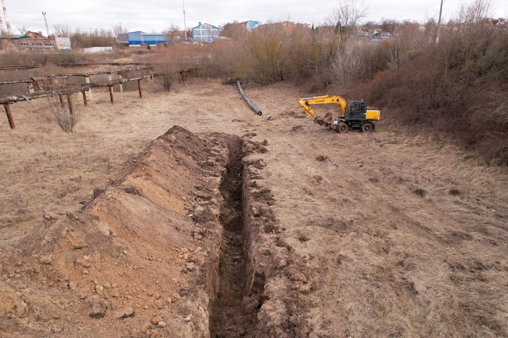 ремонт напорной канализационной сети, видео с коптера, кашира ремонт трубопровода,