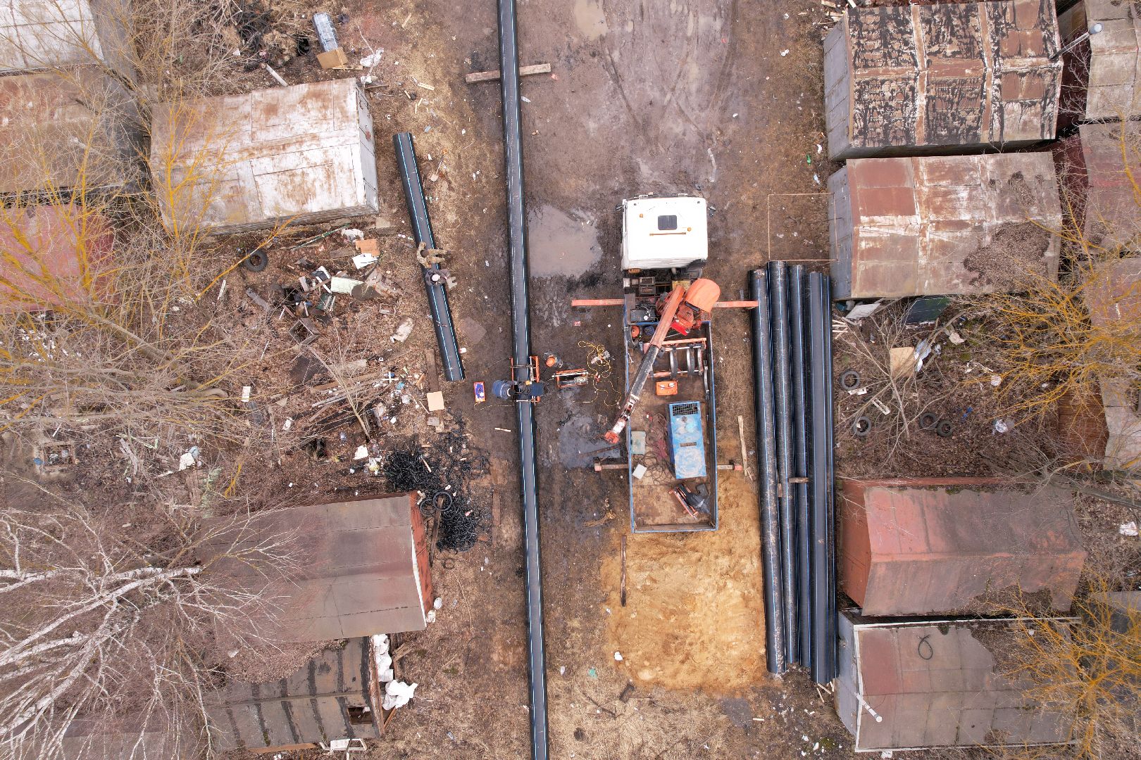 ремонт напорной канализационной сети, видео с коптера, кашира ремонт трубопровода,