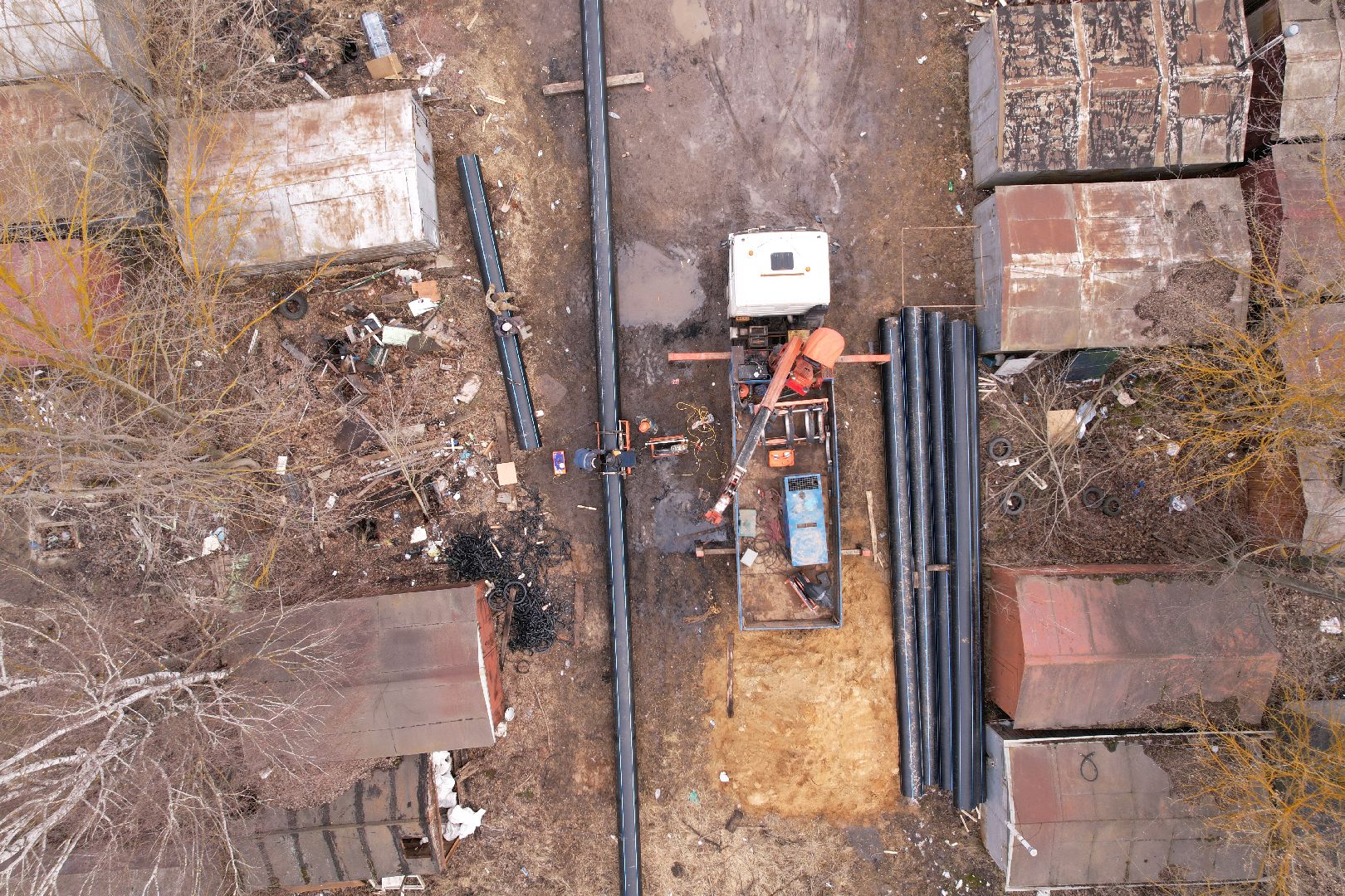 ремонт напорной канализационной сети, видео с коптера, кашира ремонт трубопровода,