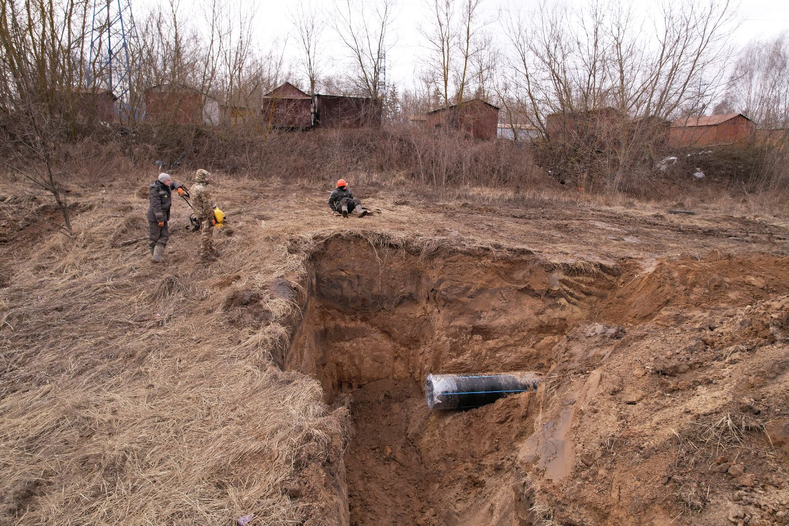 ремонт напорной канализационной сети, видео с коптера, кашира ремонт трубопровода,