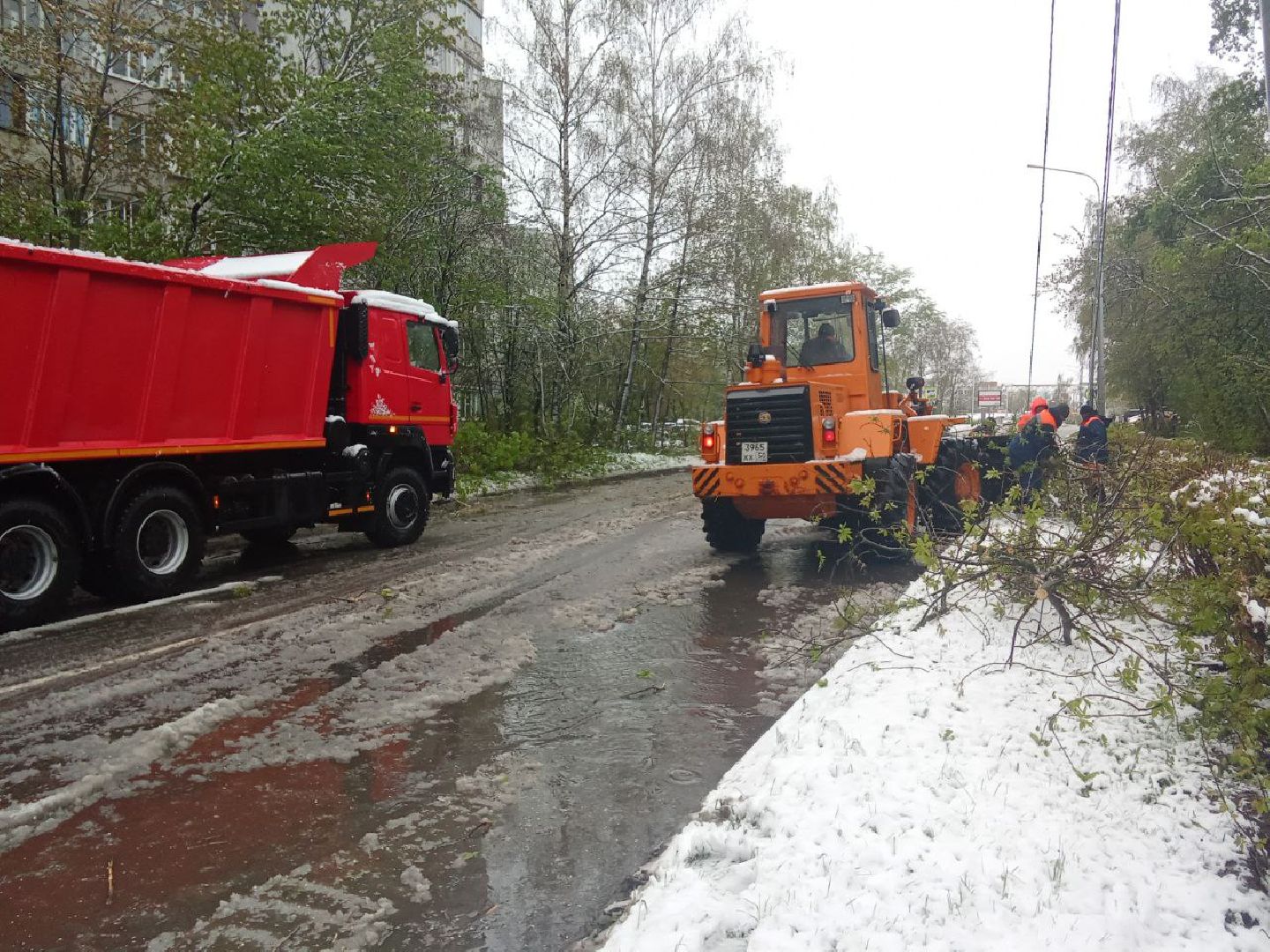 последствия снегопада, ивантеевка, упавшие деревья, коммунальная служба, коммунальная техника, подтопление территории,