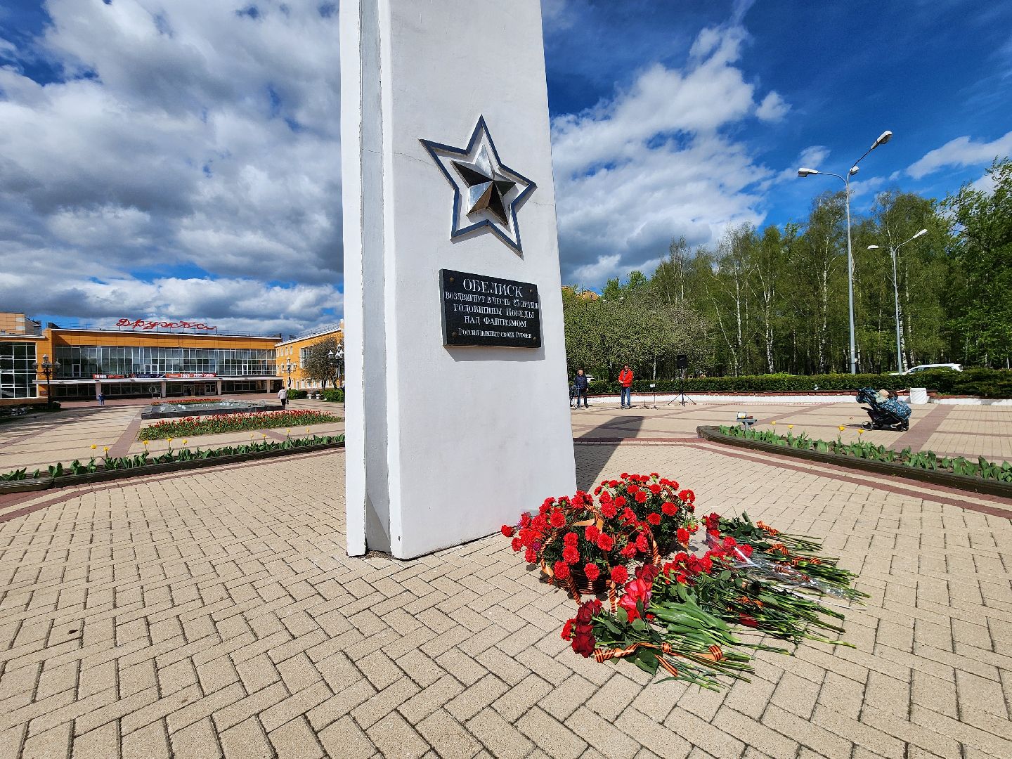 Чехов, ДК Дружба, обелиск воинской славы, День Победы, возложение цветов, школьники, чиновники, депутат Госдумы РФ, Александр Коган, заместитель главы округа Ольга Щукина, акция Вахта Памяти,