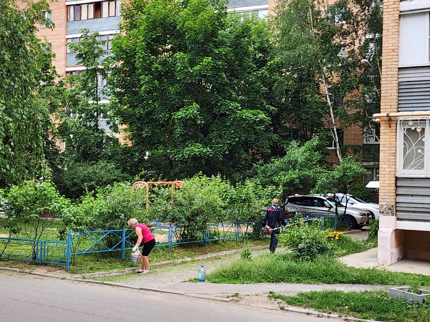 чехов, улица чехова 4,  детская  площадка, придомовая территория, покос травы, уборка мусора, мбу чеховское благоустройство, газон, газонокосилка,