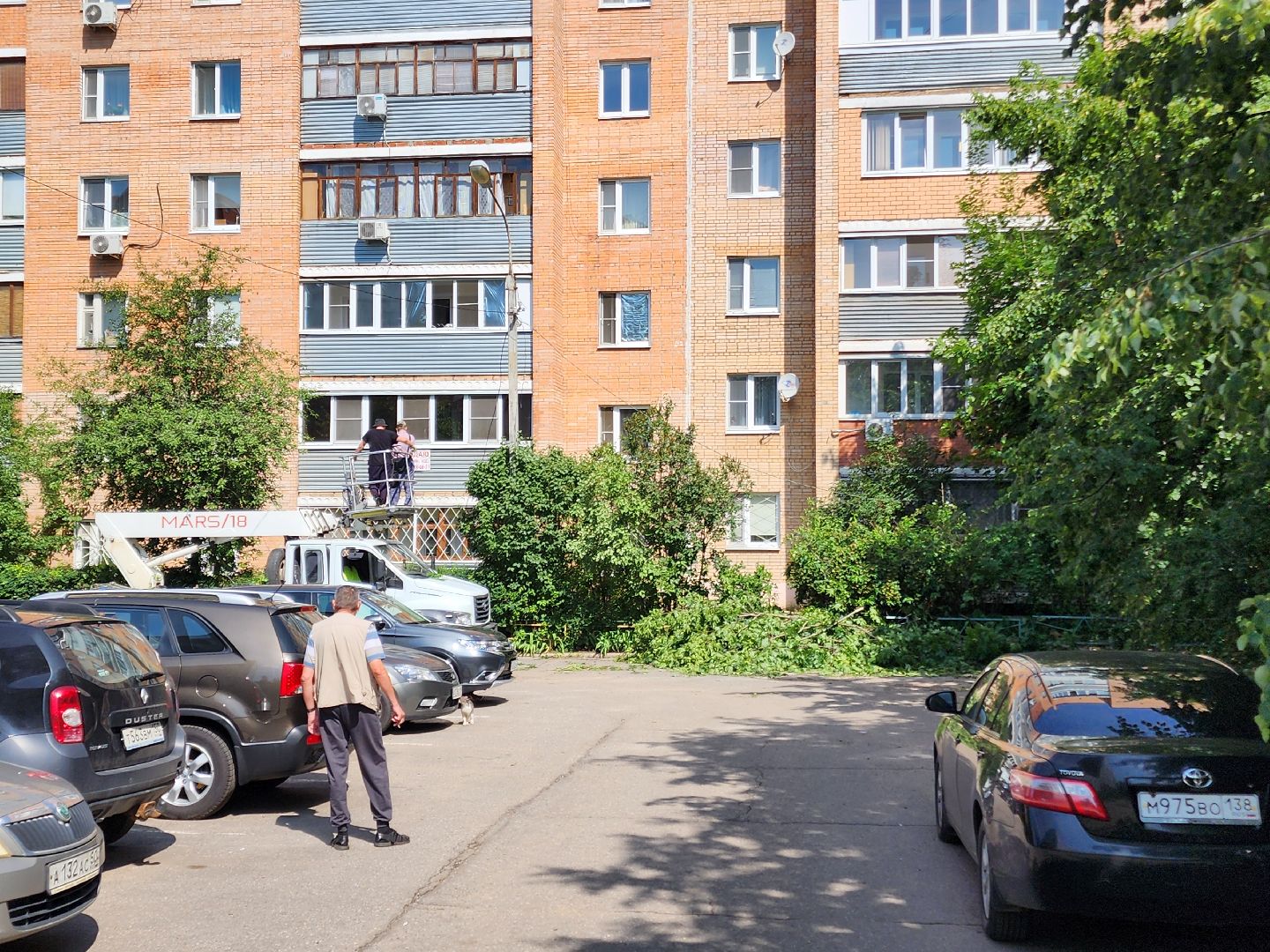 чехов, улица чехова, двор жилого дома, упавшее дерево, обрыв проводов, восстановление уличного освещения, опиловка деревьев, содержание придомовой территории, мбу чеховское благоустройство,   россети московский регион,