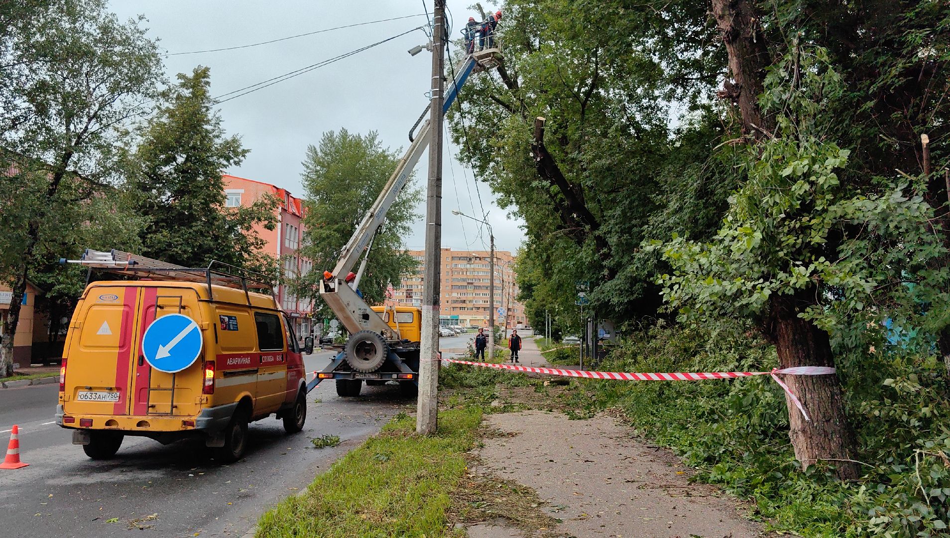 опил деревьев, кран, бригада, дорога, безопасность,