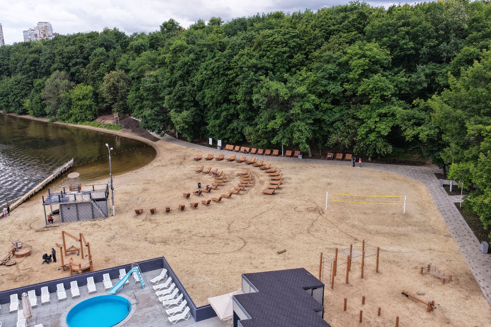 видео с коптера, пляжная зона в химках, парк имени льва толстого, лето в подмосковье,