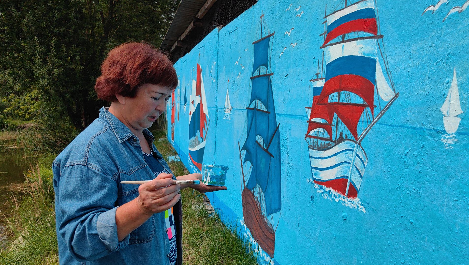 пруд, роспись, парусник, корабль, крым, триколор, художница,