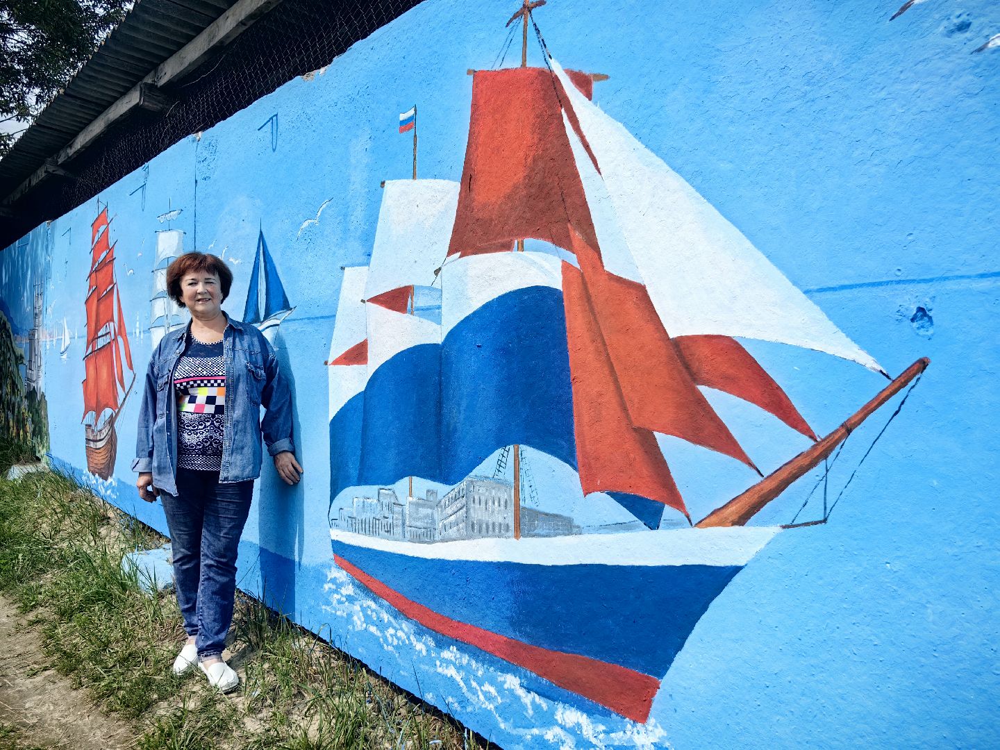 пруд, роспись, парусник, корабль, крым, триколор, художница,