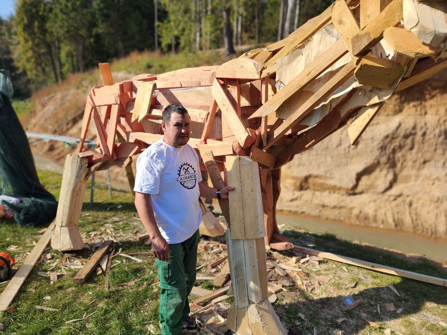 сергиев посад, сергиево-посадский городской округ, пересвет, богородское, резчик по дереву, владимир алманов, парковые скульптуры, скульптуры из дерева, скульптура из досок, скульптура из горбыля,творческая мастерская, лесной гость, хитрый лис,