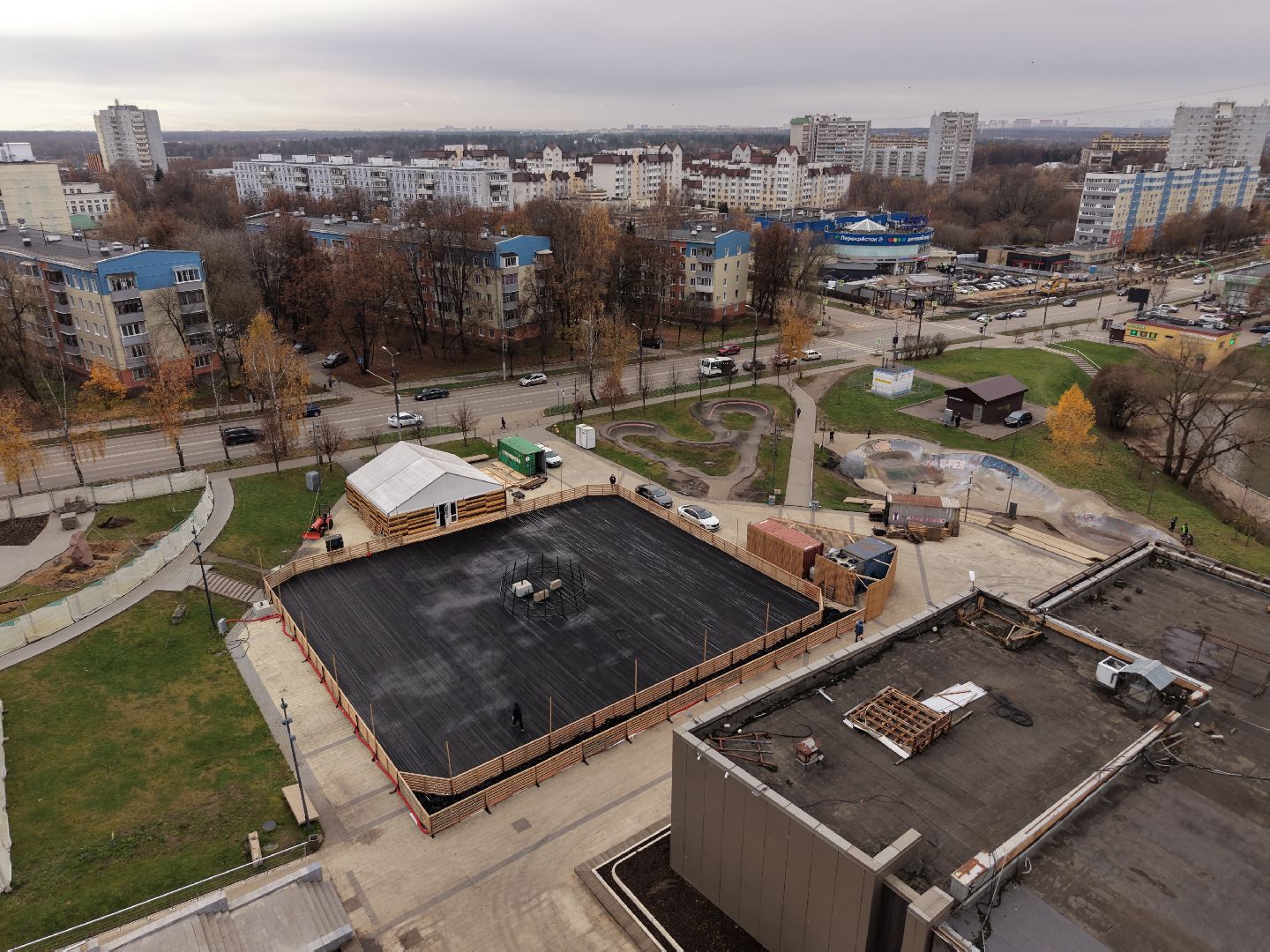 видео с коптера, каток в видном, зима в подмосковье,