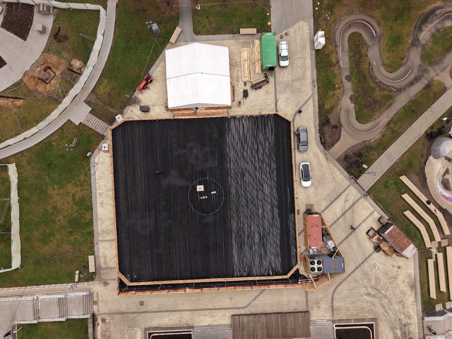 видео с коптера, каток в видном, зима в подмосковье,