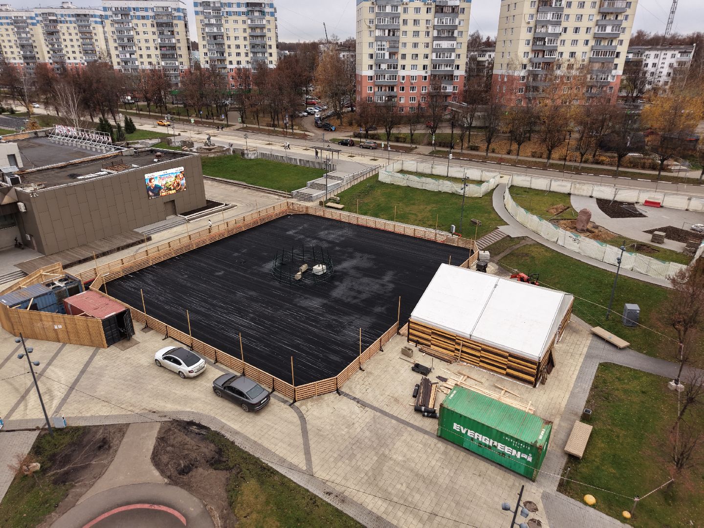 видео с коптера, каток в видном, зима в подмосковье,