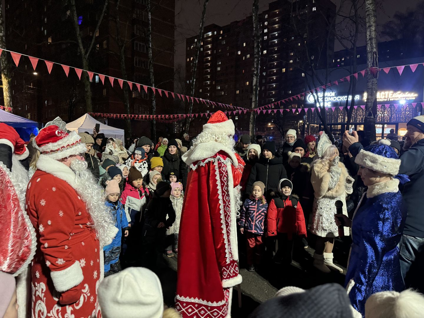 зима в подмосковье, ленинский округ, резиденция деда мороза, зажгли елку,