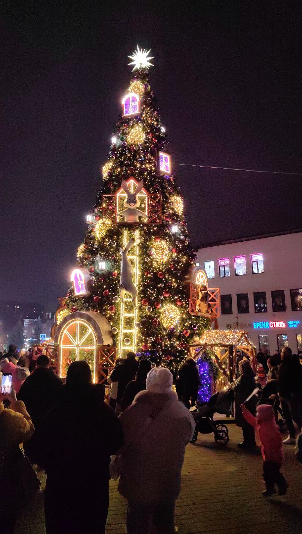 Дед Мороз, Снегурочка, елка, огни, площадь, снеговик,