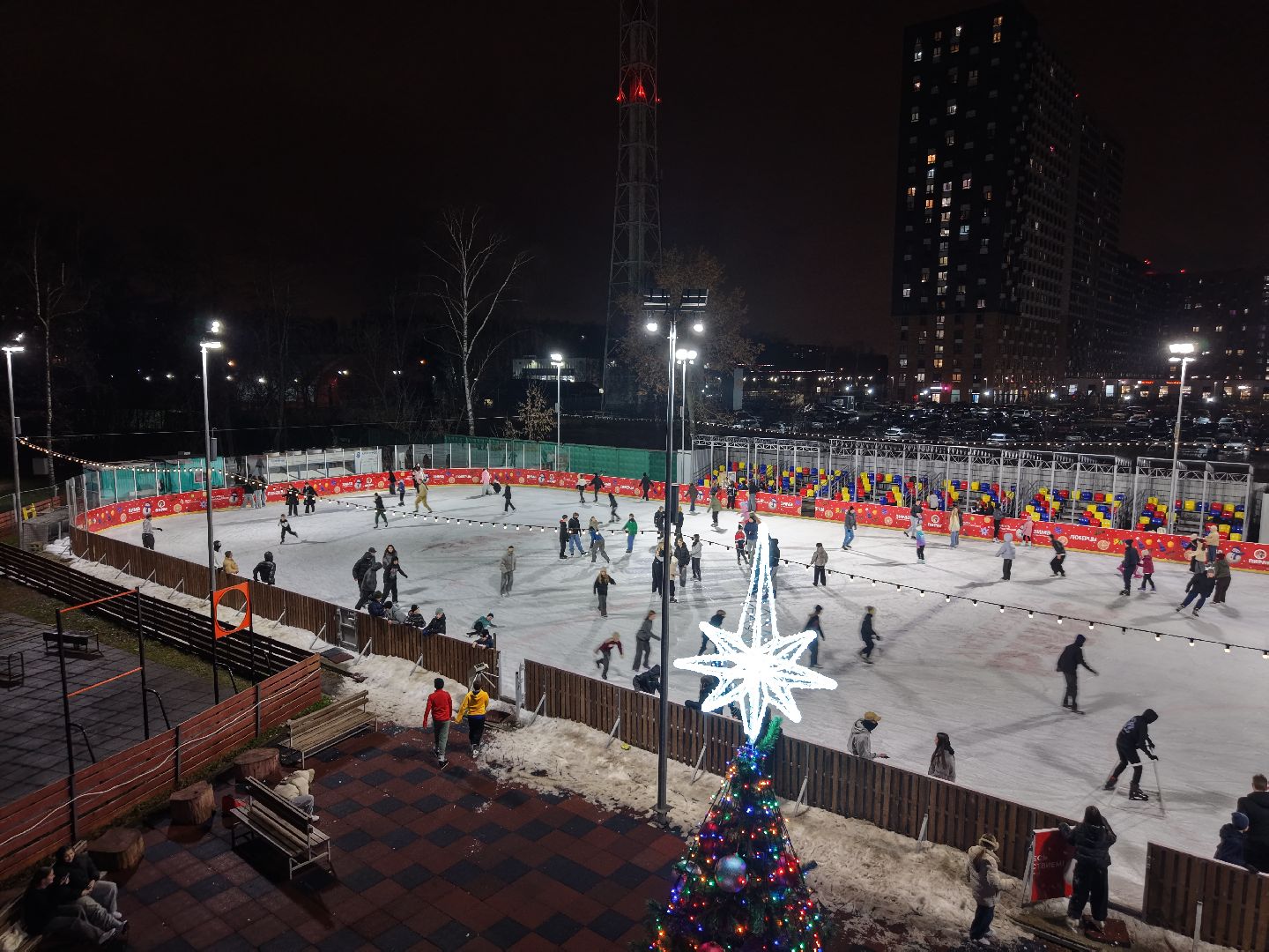 видео с коптера, каток в люберцах, зима в  подмосковье, наташинский парк,