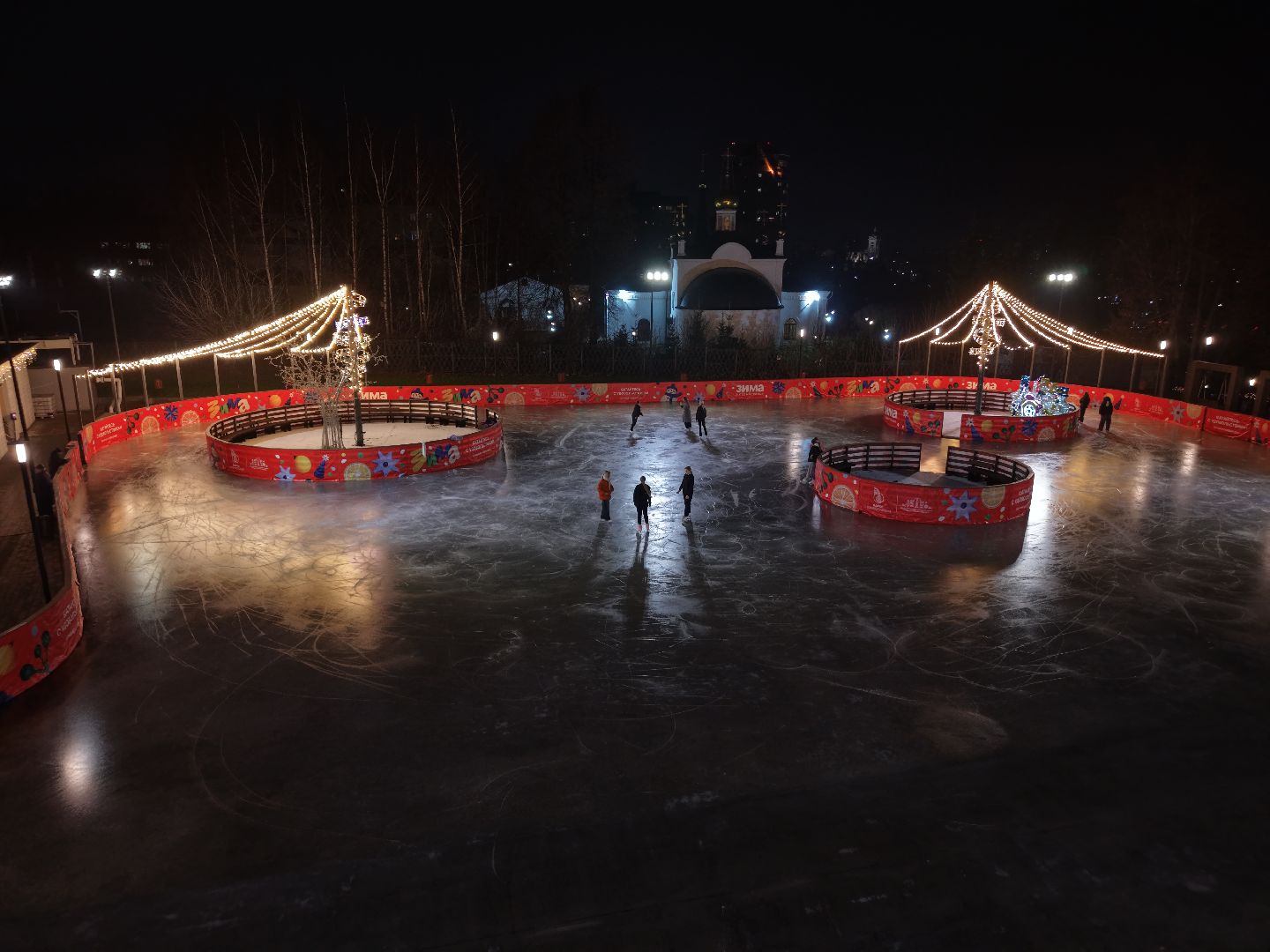 видео с коптера, каток в парке Талалихина, зима в  подмосковье, каток в подольске,