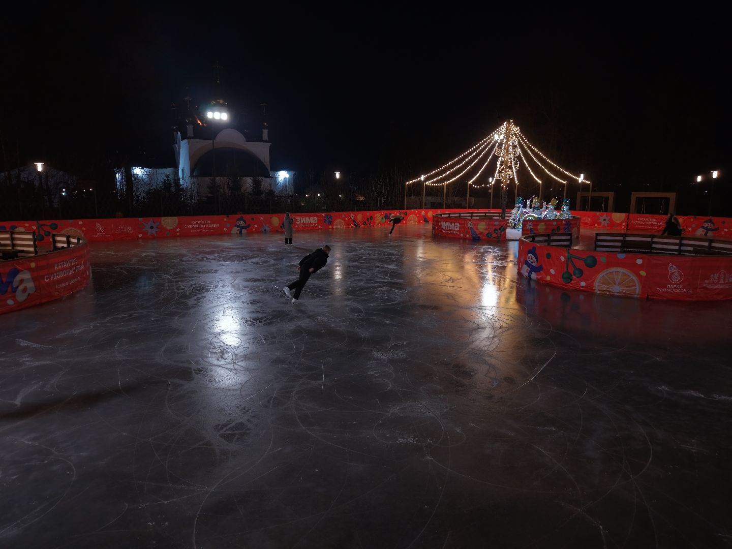 видео с коптера, каток в парке Талалихина, зима в  подмосковье, каток в подольске,